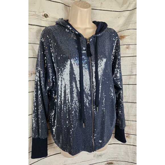 Anthropologie Postmark Blue Sequin Jacket S Full Zip Hoodie Holiday Party NYE - Picture 2 of 7